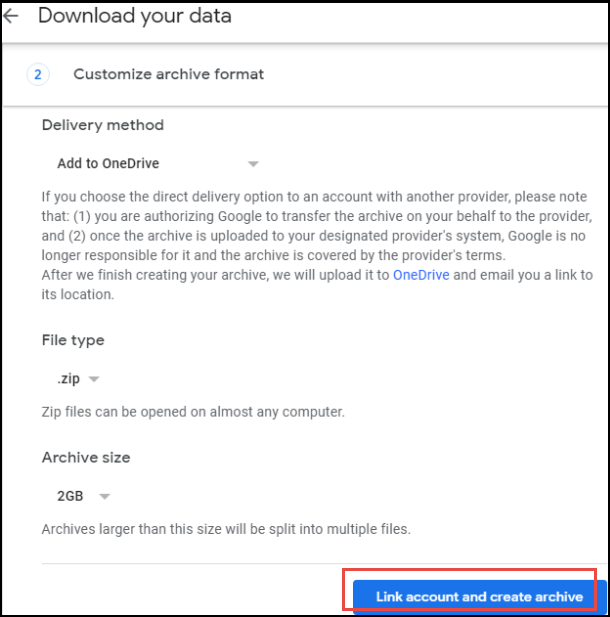 link account and create archive to transfer photos from Google drive to OneDrive