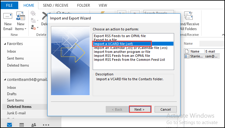 manually import contacts to outlook 2016