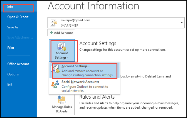 outlook account settings passwords