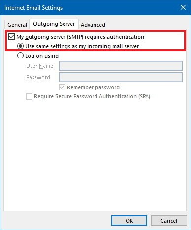 select use same settings as my incoming mail server