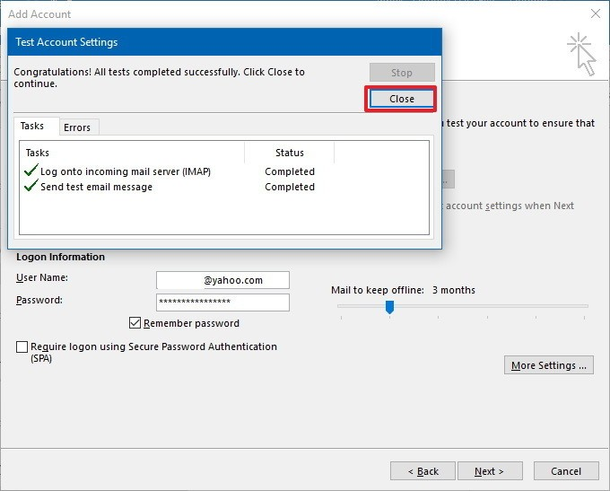 test Yahoo to Outlook configuration settings