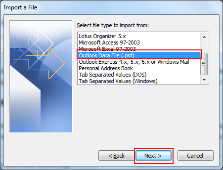select outlook data file pst