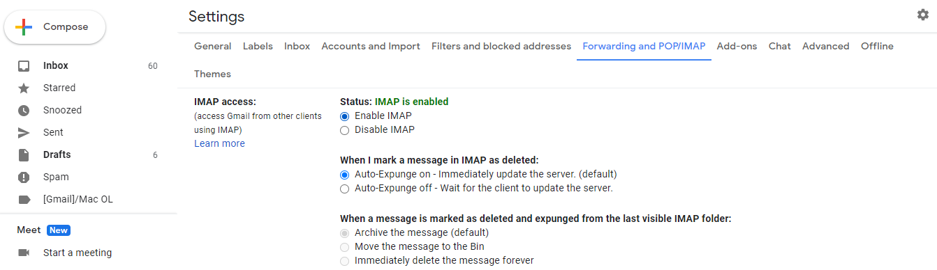 enable IMAP settings