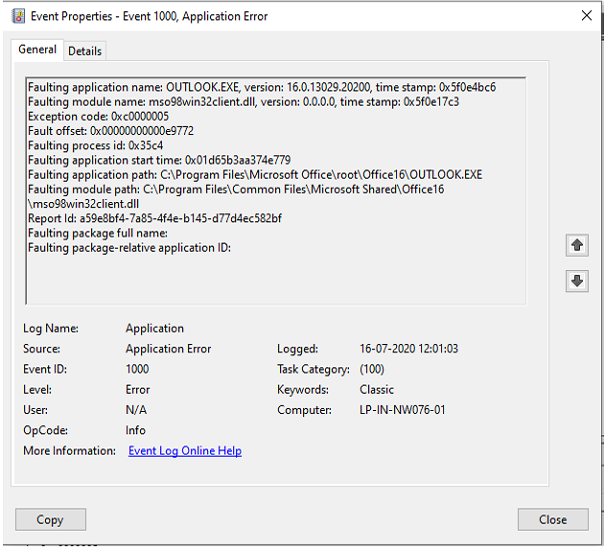 Application error 1000 100. ID события. Event properties. Виндовс 1000. Outlook event.