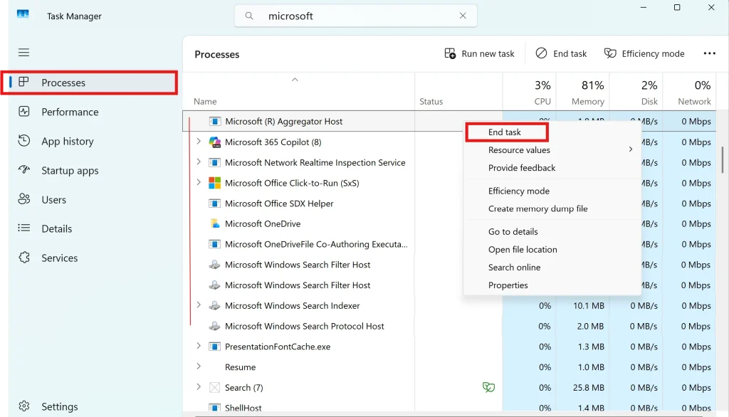 End Processes in Task Manager