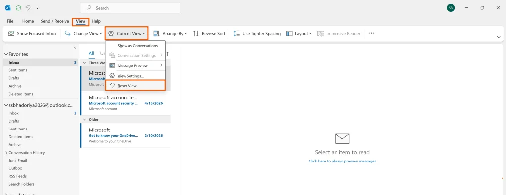 Reset Outlook View Settings