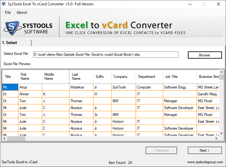 Добавьте файл контактов Excel