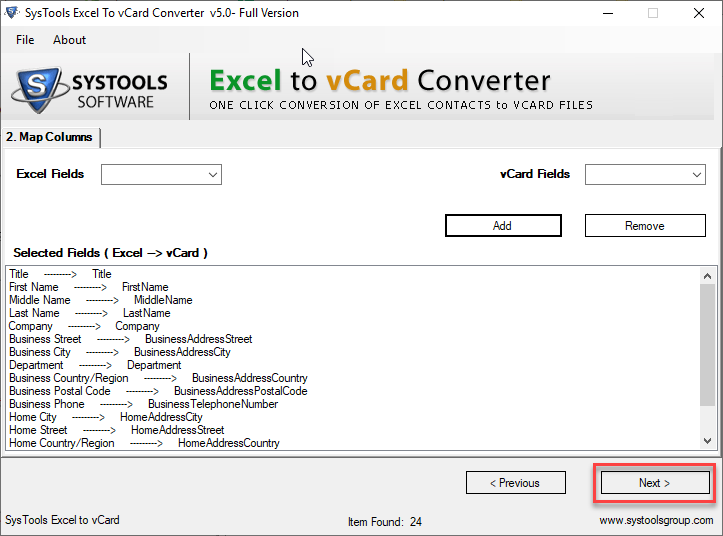Select field from the vCard Fields section for an Excel column