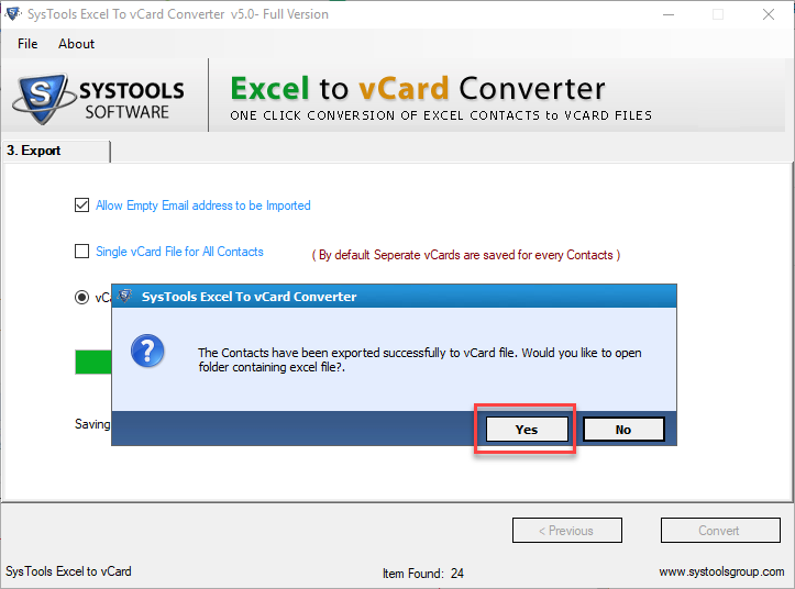 Choose a save location for the output vCard and click the Convert button