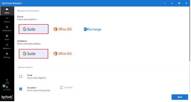 Select the Source and Destination accounts for share entire Google Drive