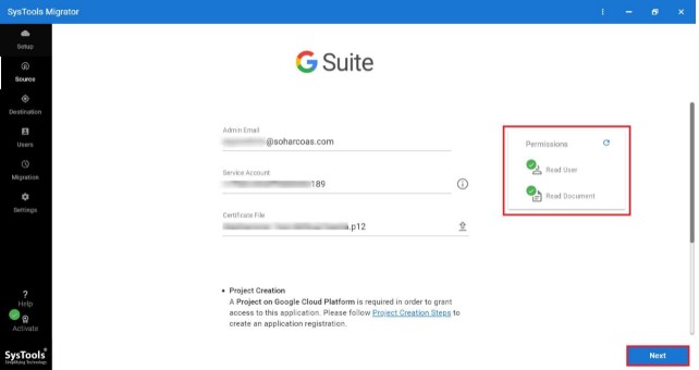 Source Screen and Validate to proceed for share entire Google Drive
