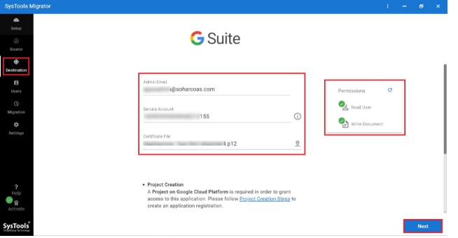 Fill out the details in the Destination screen 