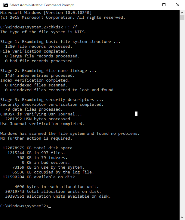 chkdsk F: /f will return the following result