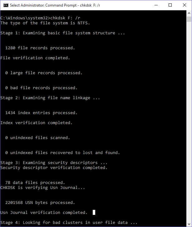 command chkdsk F: /r does not find any faulty sectors 