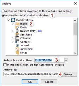 Archive dialogue box for Delete Multiple Emails in Microsoft Outlook