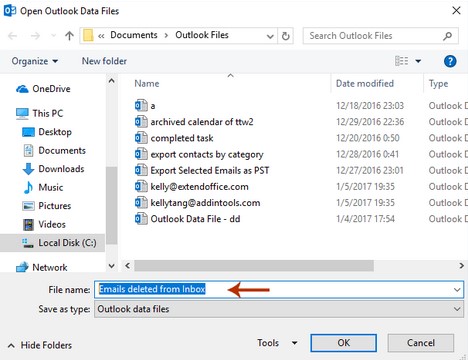 Open Outlook Data Files dialogue box for Delete Multiple Emails in Microsoft Outlook