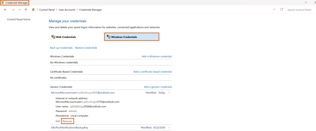 Remove Saved Credentials