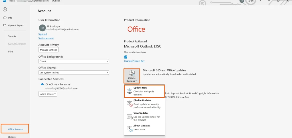 Update Microsoft Outlook and Office