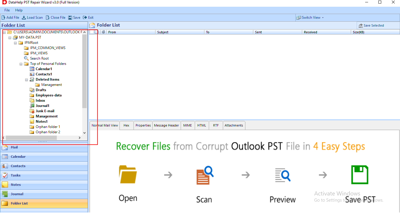 Preview window for selected file