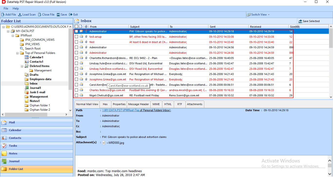 highlighted recovered data